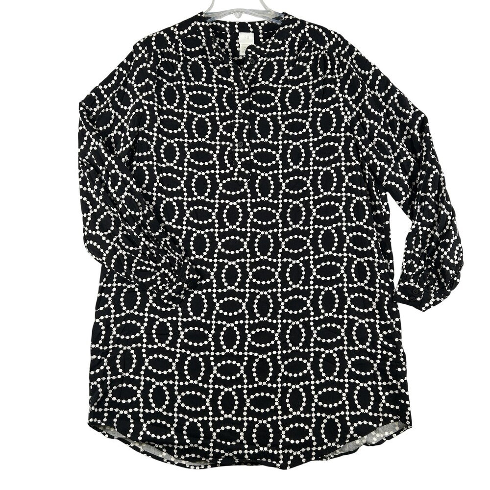 H&M Blouse Womens Small Black Geometric Print Henley Tunic Puff Sleeve Top